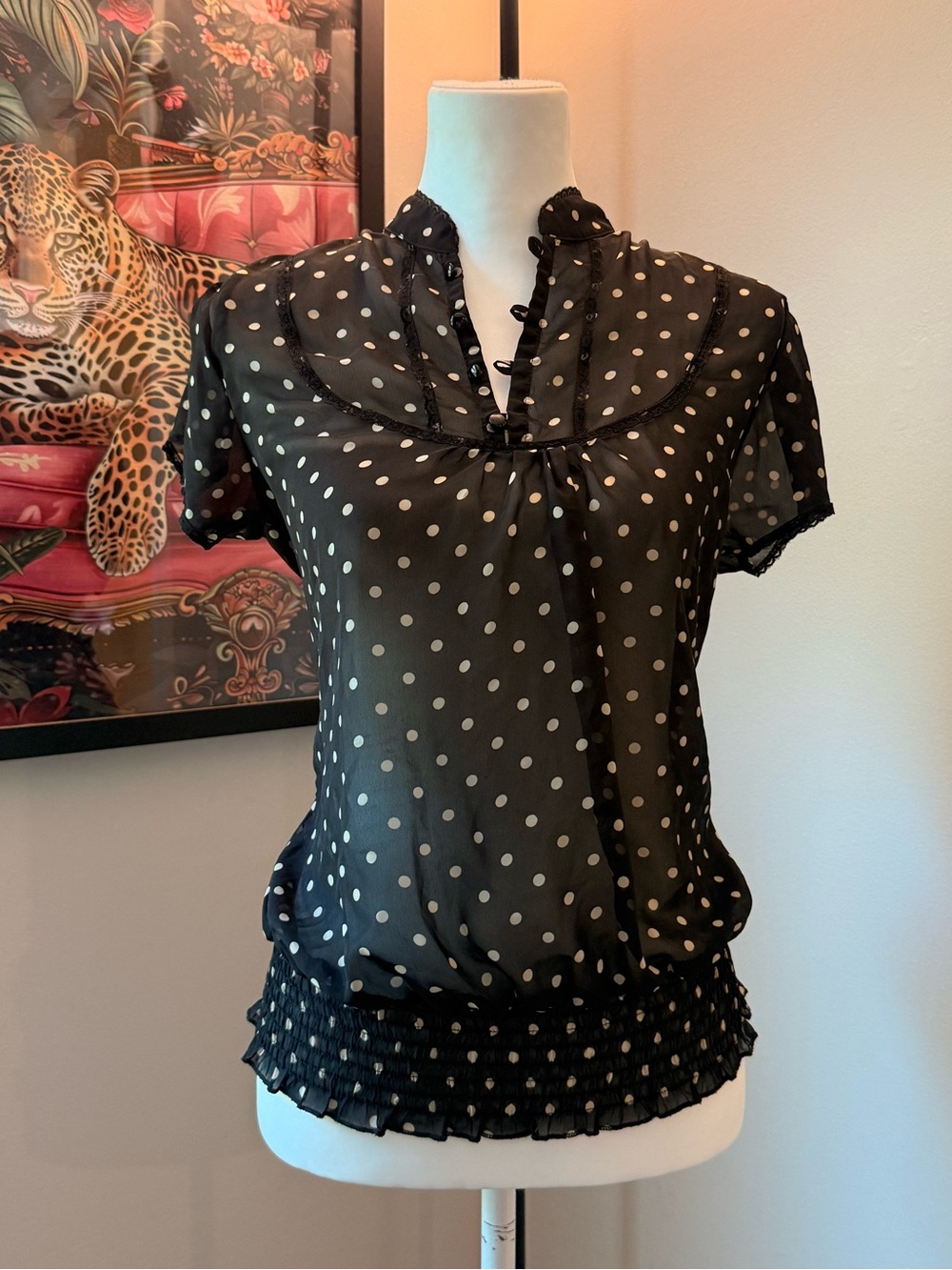 Forever 21 Black Polka Dot Ruffled Short Sleeve Blouse